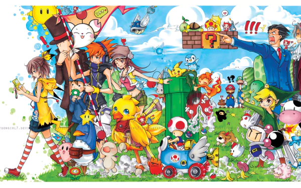 HD PC desktop wallpaper: colorful video game collage featuring whimsical characters, pipes, bricks, mushrooms, stars and creatures in a lively, action-packed panorama.