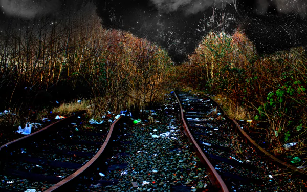 Abandoned railway tracks framed by overgrown vegetation and litter, set against a dark, starry night sky. A striking 4K Ultra HD wallpaper showcasing night photography and manipulation.