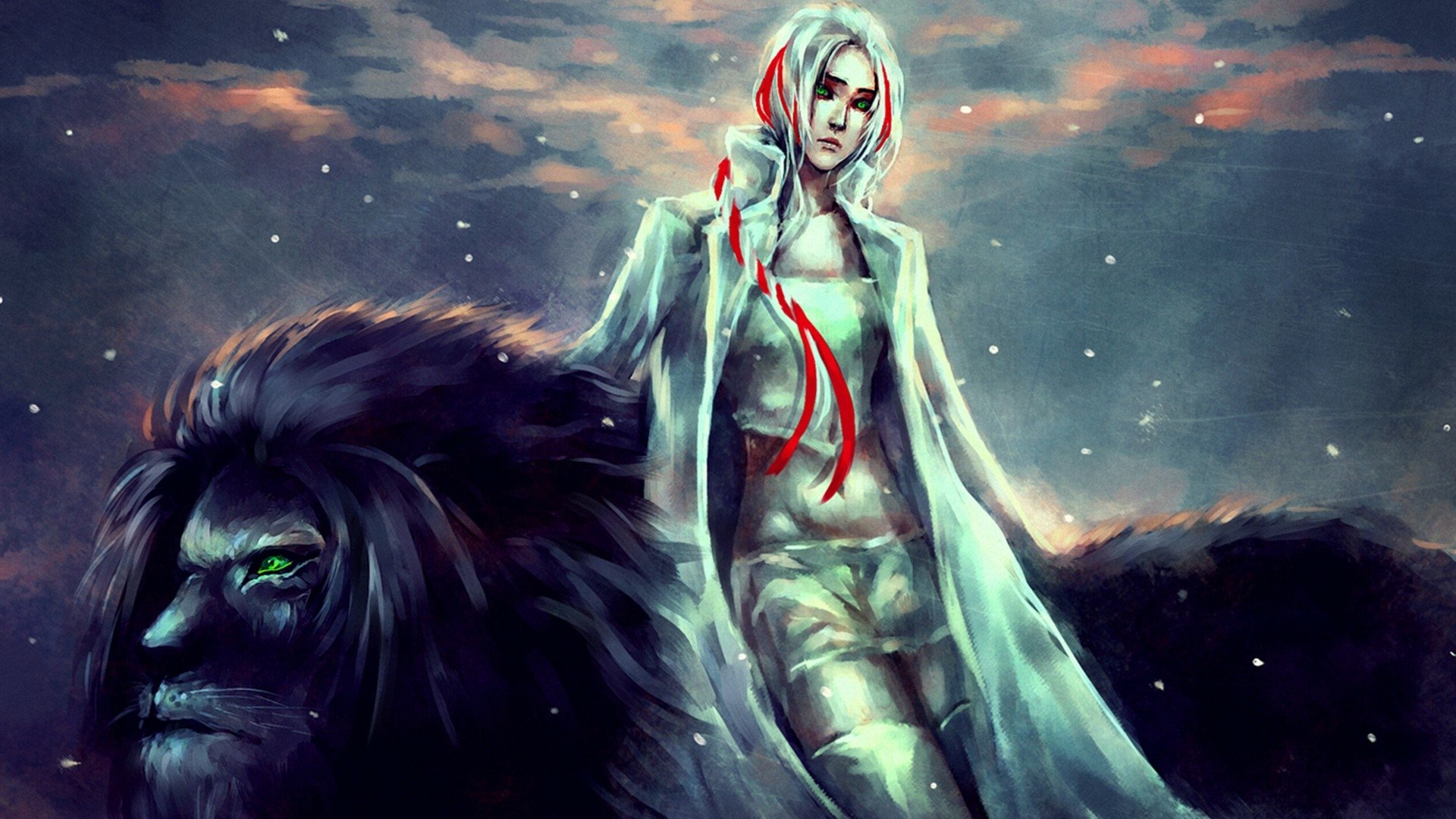 Fantasy HD PC desktop wallpaper of a silver‑haired woman in a flowing cloak with red ribbons, standing beside a massive dark lion beneath a stormy, star-flecked sky.