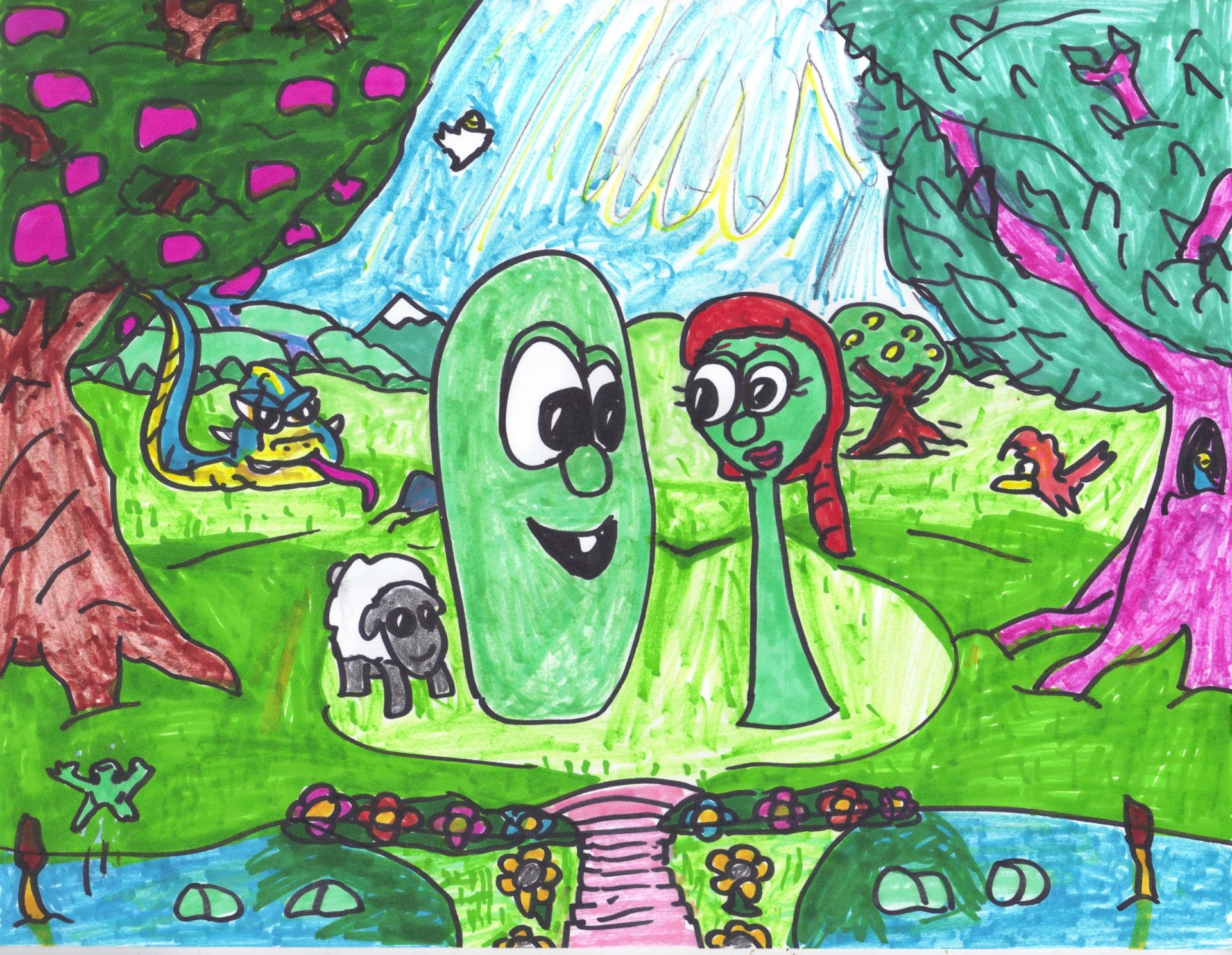HD PC desktop wallpaper featuring colorful VeggieTales characters in a vibrant, hand-drawn outdoor scene from the TV show.