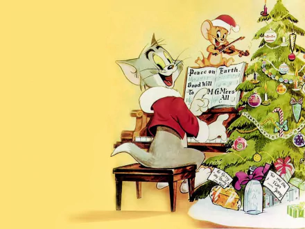 HD desktop wallpaper featuring Tom playing the piano and Jerry in a festive scene by a Christmas tree, tagged with TV Show, Tom and Jerry.