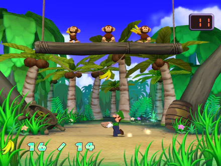 HD PC desktop wallpaper featuring a vibrant scene from the video game Dance Dance Revolution: Mario Mix with lush greenery, palm trees, and dancing monkeys.