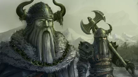 Two majestic Viking warriors stand in a misty landscape, adorned in intricate armor and elaborate helmets, embodying the spirit of fantasy. An epic background adds depth to this HD PC wallpaper.