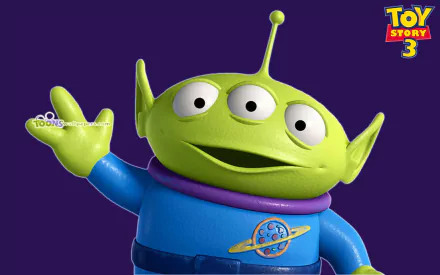 HD desktop wallpaper featuring the three-eyed alien character from Pixar's Toy Story 3 against a solid purple background with the Toy Story 3 logo.