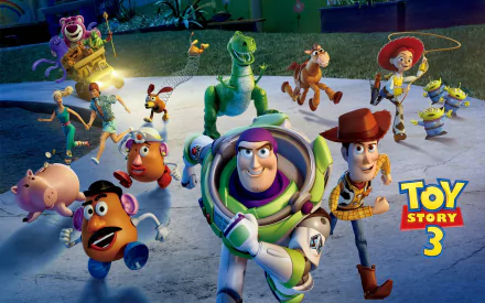 A vibrant HD wallpaper featuring beloved characters from Pixar's Toy Story 3, including Buzz Lightyear, Woody, and more, as they embark on an exciting adventure.