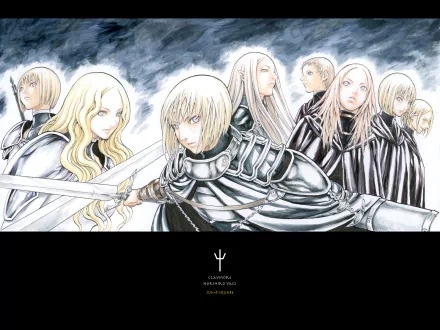 Anime — Claymore HD PC desktop wallpaper: a squad of silver‑haired Claymore warriors in armor and cloaks brandishing swords beneath a stormy sky, widescreen background.