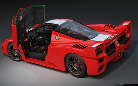 HD PC desktop wallpaper of a red Ferrari FXX K vehicle — scissor door open, three-quarter side view on a neutral gray background.