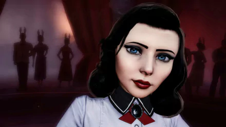 HD PC wallpaper of Elizabeth from BioShock Infinite: Burial at Sea — close-up of her pale face, dark hair, blue eyes with shadowy silhouettes behind.