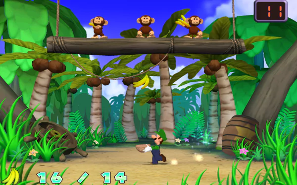 HD PC desktop wallpaper featuring a vibrant scene from the video game Dance Dance Revolution: Mario Mix with lush greenery, palm trees, and dancing monkeys.