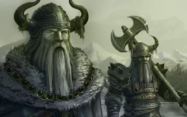 Two majestic Viking warriors stand in a misty landscape, adorned in intricate armor and elaborate helmets, embodying the spirit of fantasy. An epic background adds depth to this HD PC wallpaper.