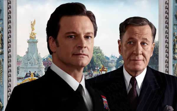 HD desktop wallpaper featuring Colin Firth as King George VI and Geoffrey Rush as Lionel Logue from the movie The King's Speech.