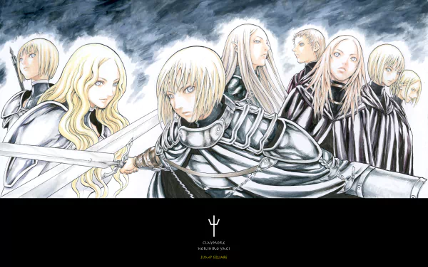 Anime — Claymore HD PC desktop wallpaper: a squad of silver‑haired Claymore warriors in armor and cloaks brandishing swords beneath a stormy sky, widescreen background.