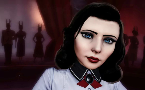 HD PC wallpaper of Elizabeth from BioShock Infinite: Burial at Sea — close-up of her pale face, dark hair, blue eyes with shadowy silhouettes behind.