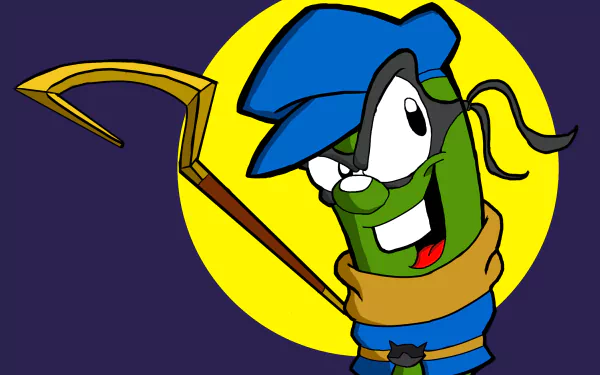 TV show VeggieTales: Larry the Cucumber in a blue hat and scarf holding a golden hook before a yellow circle on a dark purple HD PC desktop wallpaper background.