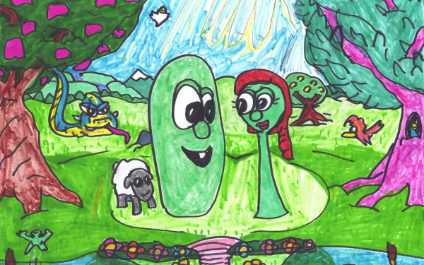 HD PC desktop wallpaper featuring colorful VeggieTales characters in a vibrant, hand-drawn outdoor scene from the TV show.