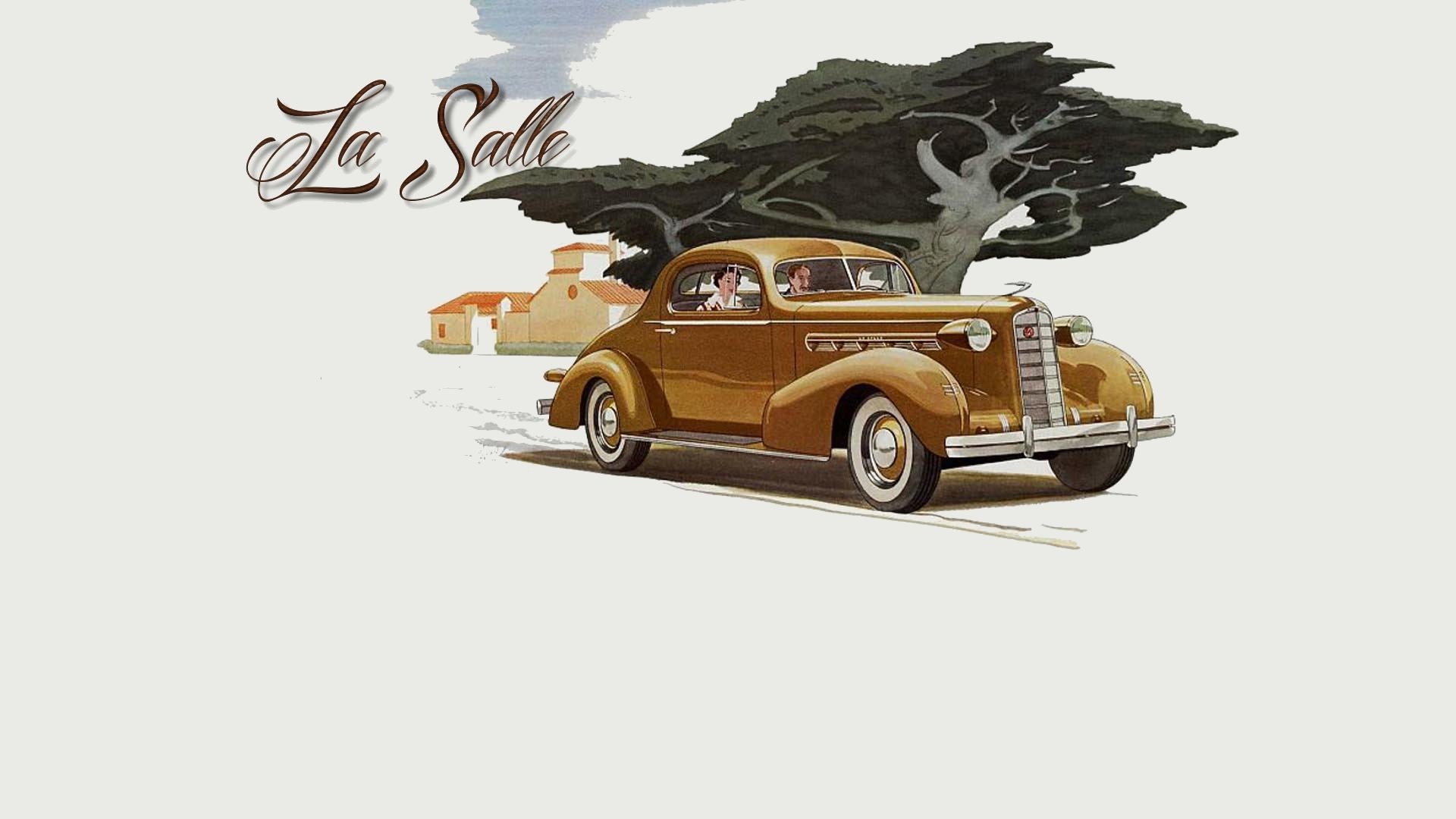 HD PC desktop wallpaper showing a vintage brown Cadillac LaSalle vehicle in a retro illustration parked by sunlit Mediterranean-style houses and a windswept tree