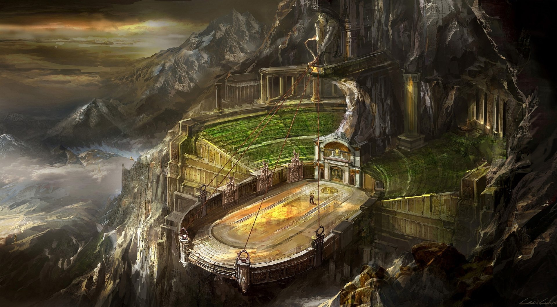 A dramatic landscape from God Of War III featuring a grand arena set against towering mountains, depicted in high-definition for an immersive desktop wallpaper experience.