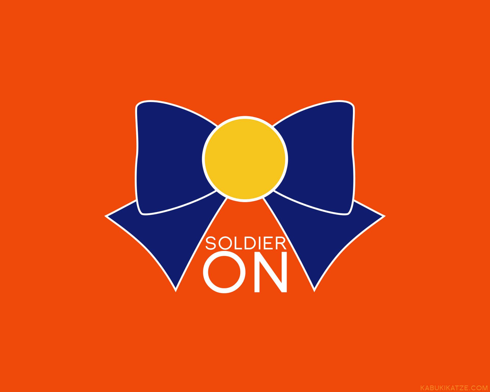 HD PC desktop wallpaper featuring a bold orange background with a stylized Sailor Moon-inspired navy bow and a yellow circle at its center, accompanied by the text SOLDIER ON.