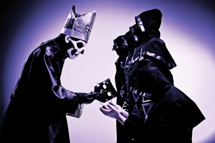 Ghost B.C. band members in striking costumes engage in a dramatic exchange, set against a moody purple backdrop, creating a captivating HD desktop wallpaper.