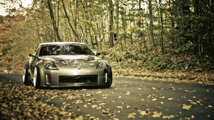 HD PC desktop wallpaper featuring a sleek silver Nissan 350Z parked on a forest road surrounded by autumn foliage.