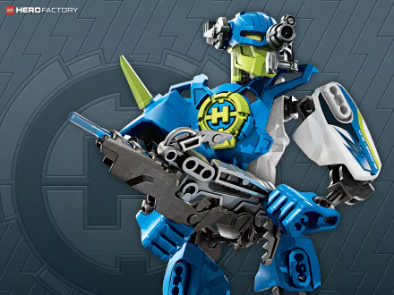 Blue LEGO Hero Factory figure holding a futuristic rifle against a dark emblem backdrop — HD PC desktop wallpaper/background from the Lego: Hero Factory TV show.
