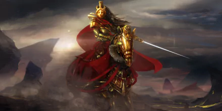 A fantasy woman warrior in golden armor rides a horse through a misty battlefield, wielding a glowing sword. HD PC desktop wallpaper capturing epic warrior spirit.