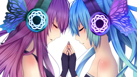 HD anime wallpaper featuring Luka Megurine and Hatsune Miku from Vocaloid, inspired by Magnet. Both characters are adorned in butterfly headphones, touching foreheads with hands clasped together.