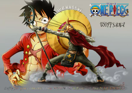 An HD desktop wallpaper featuring Usopp and Monkey D. Luffy from the anime One Piece. The vibrant colors and action-packed pose bring these iconic characters to life.