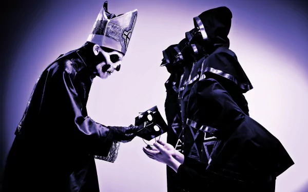 Ghost B.C. band members in striking costumes engage in a dramatic exchange, set against a moody purple backdrop, creating a captivating HD desktop wallpaper.