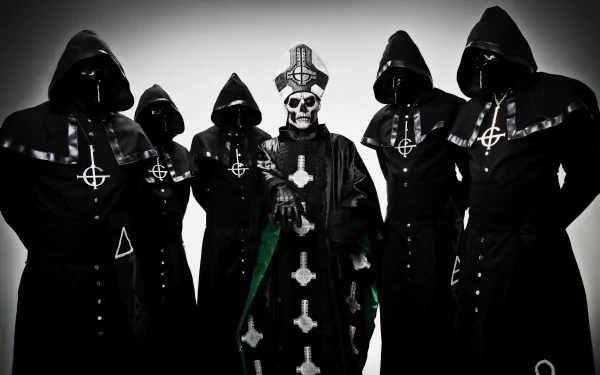 A striking HD wallpaper featuring the Swedish heavy metal band Ghost B.C., showcasing a lineup of masked members in dark cloaks, creating a haunting and theatrical atmosphere.