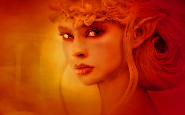 HD desktop wallpaper featuring a fantasy elf with striking pointed ears and an intense gaze, set against a warm, golden background.