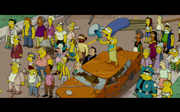 The Simpsons Movie HD PC desktop wallpaper: Marge Simpson stands on a battered car with a megaphone as Springfield residents gather in a tense street scene.