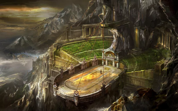 A dramatic landscape from God Of War III featuring a grand arena set against towering mountains, depicted in high-definition for an immersive desktop wallpaper experience.