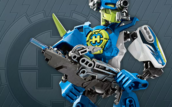 Blue LEGO Hero Factory figure holding a futuristic rifle against a dark emblem backdrop — HD PC desktop wallpaper/background from the Lego: Hero Factory TV show.