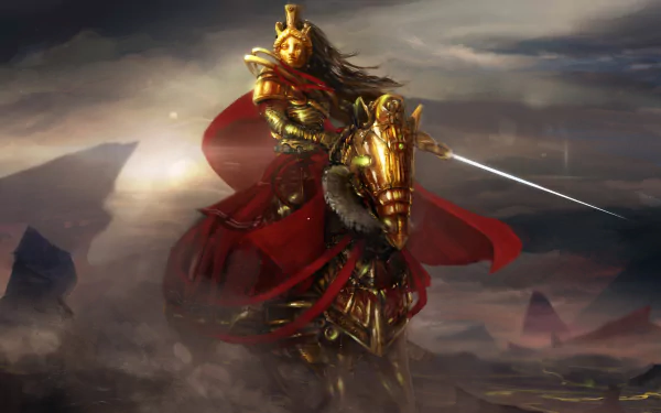 A fantasy woman warrior in golden armor rides a horse through a misty battlefield, wielding a glowing sword. HD PC desktop wallpaper capturing epic warrior spirit.