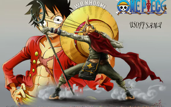 An HD desktop wallpaper featuring Usopp and Monkey D. Luffy from the anime One Piece. The vibrant colors and action-packed pose bring these iconic characters to life.