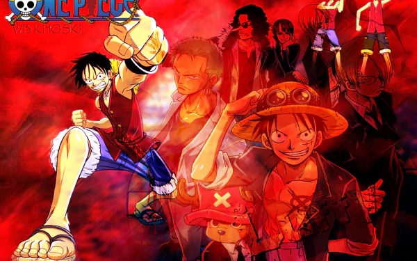 A vibrant HD wallpaper featuring characters from One Piece, including Monkey D. Luffy, Roronoa Zoro, Nico Robin, Franky, Usopp, Sanji, Chopper, and Nami, set against a bold red background.
