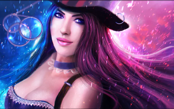 HD desktop wallpaper featuring Caitlyn from League of Legends, portrayed with a stylish hat and radiant, purple-toned cosmic background.