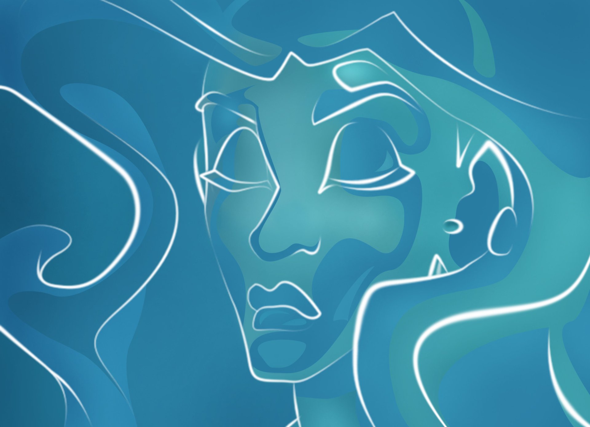 HD PC desktop wallpaper showing a stylized blue-line portrait of Princess Kida from the movie Atlantis: The Lost Empire