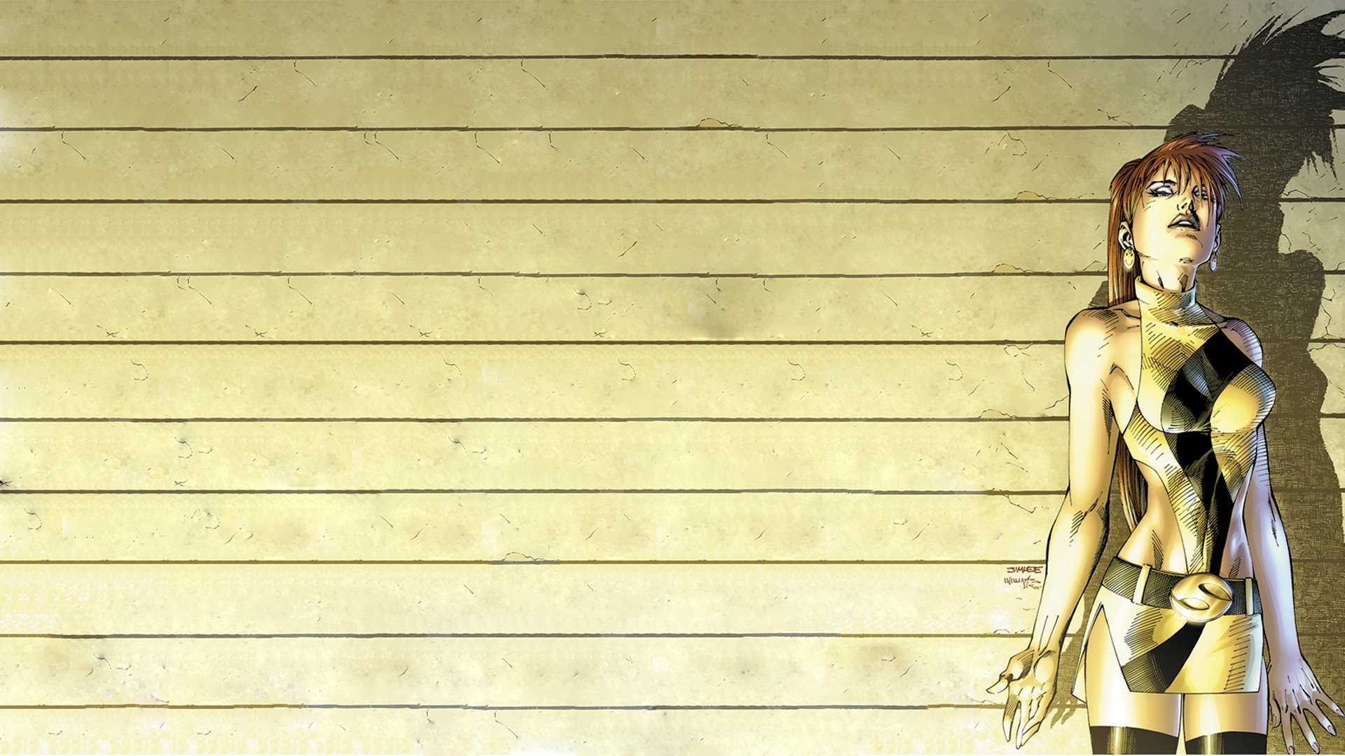 Watchmen comic HD PC desktop wallpaper and background: lone woman in yellow-and-black diamond costume on the right, grungy lined beige wall with wide empty space on the left.