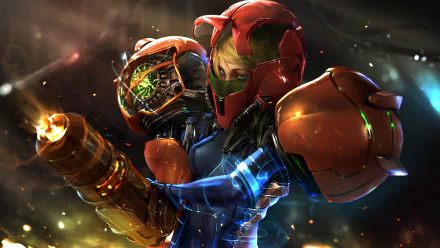 HD desktop wallpaper of Samus Aran from Metroid: Samus Returns, featuring her in her iconic armor firing a weapon with dynamic lighting effects.