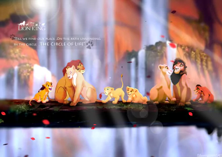 A vibrant HD wallpaper from the iconic movie The Lion King (1994), featuring beloved characters symbolizing the theme of the Circle of Life amid a stunning waterfall backdrop.