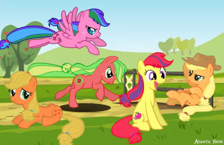 HD PC desktop wallpaper from the TV show My Little Pony: Friendship Is Magic featuring Applejack (My Little Pony) and other colorful ponies playing in a sunny green pasture.