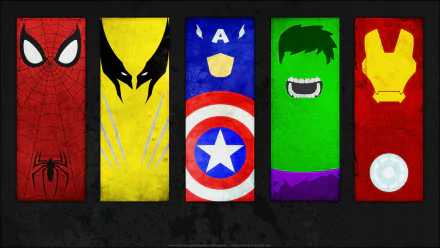 HD desktop wallpaper featuring minimalist illustrations of Spider-Man, Wolverine, Captain America, Hulk, and Iron Man from Marvel Comics, arranged in a row on a textured background.
