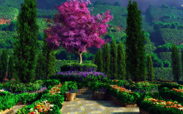 HD wallpaper of a meticulously crafted garden with vibrant flower beds, a prominent purple tree, and lush green hedges.