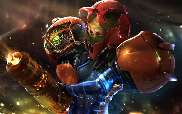 HD desktop wallpaper of Samus Aran from Metroid: Samus Returns, featuring her in her iconic armor firing a weapon with dynamic lighting effects.