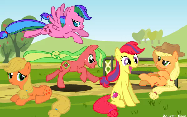 HD PC desktop wallpaper from the TV show My Little Pony: Friendship Is Magic featuring Applejack (My Little Pony) and other colorful ponies playing in a sunny green pasture.