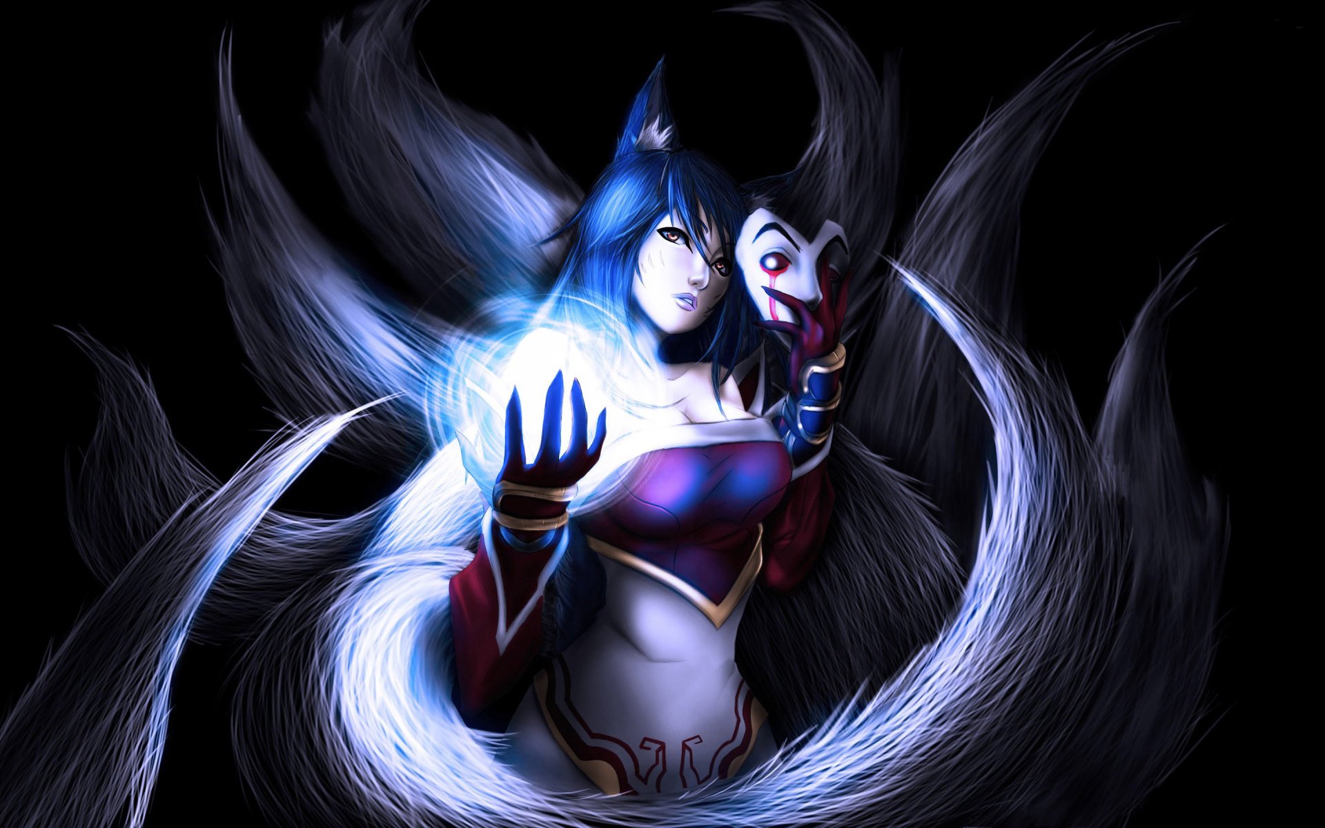 Ahri from League of Legends stands confidently, surrounded by mystical energy and ethereal tails, making this an eye-catching HD wallpaper for fans of the game.