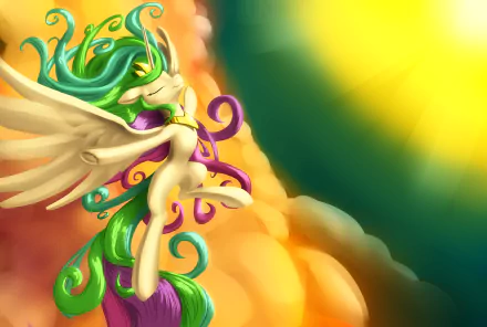 Princess Celestia from My Little Pony: Friendship Is Magic gracefully soars among vibrant clouds, illuminated by sunlight in this stunning HD desktop wallpaper.