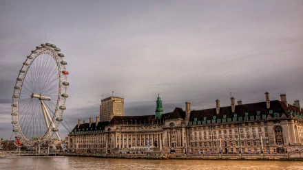HD desktop wallpaper showing the London Eye and historic riverside buildings under a cloudy sky, highlighting the iconic man-made landmark in London.